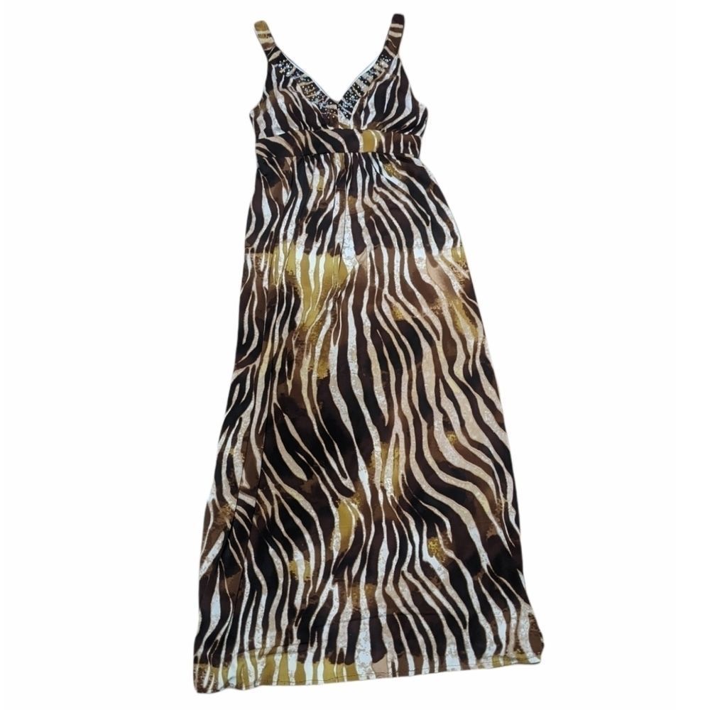 HALE BOB Women's Brown, Tan, Gold Starkly Zebra Stretchy Maxi Dress. Large.